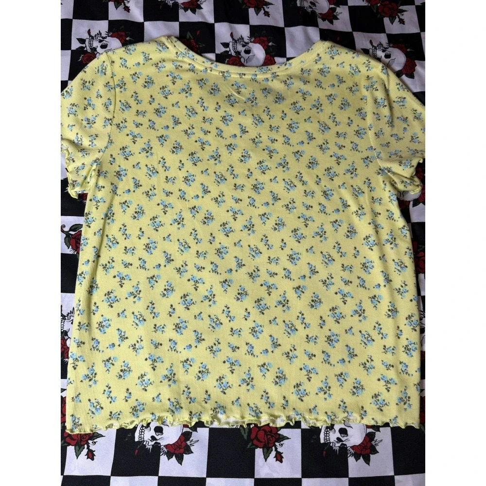 Justice Floral Ribbed Tee Yellow Blue‎ Flowers Lettuce Hem Plus Size 18/20